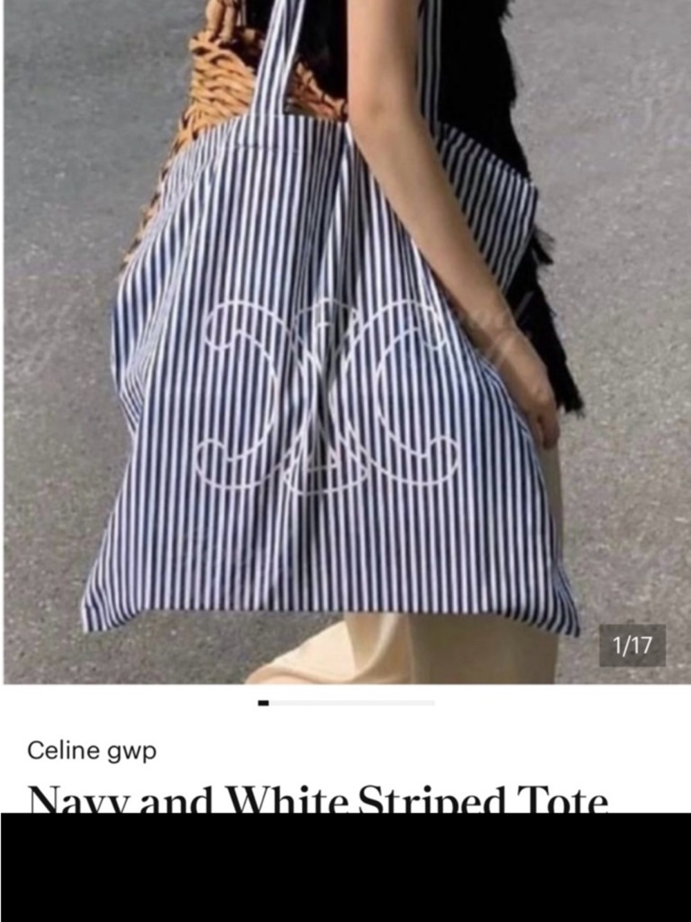 Celine Navy & White Vertical Stripe Logo Tote